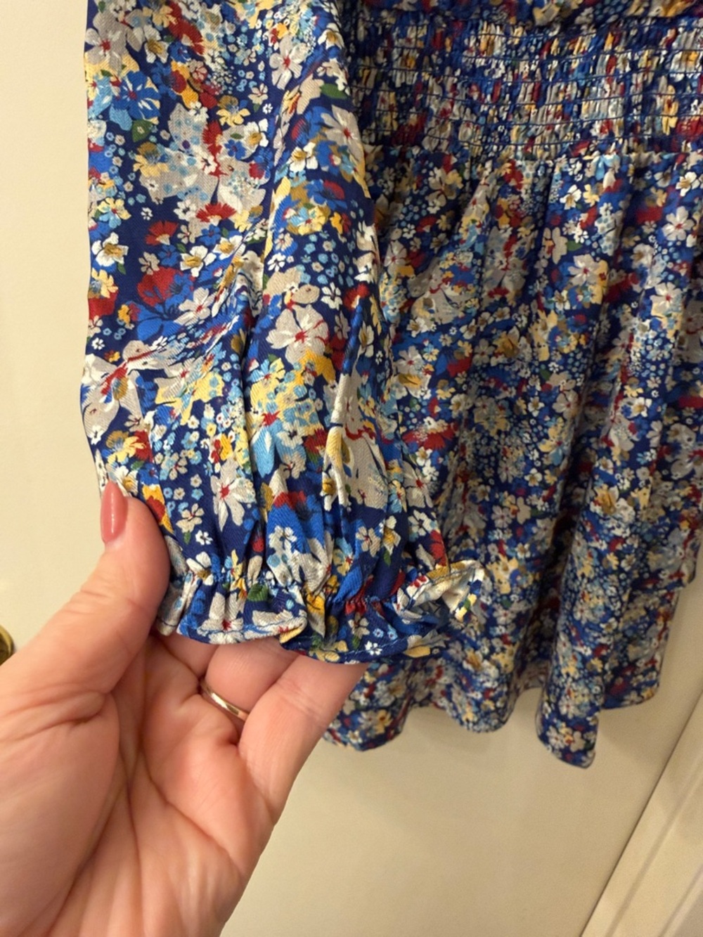 NSR - Blue Floral Long Sleeve Smocked Waist Dress - XS - like new - Picture 6 of 7